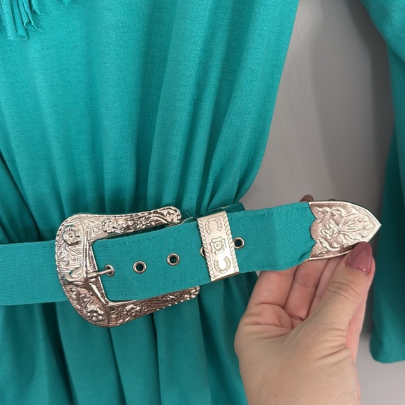 VINTAGE FRINGE DRESS WITH MATCHING BELT COTTON BLEND MADE IN USA - Picture 5 of 12